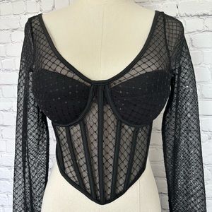 SINCERELY JULES Corset Style Sheer Lace Sequined Long Sleeve Cropped Bustier- M
